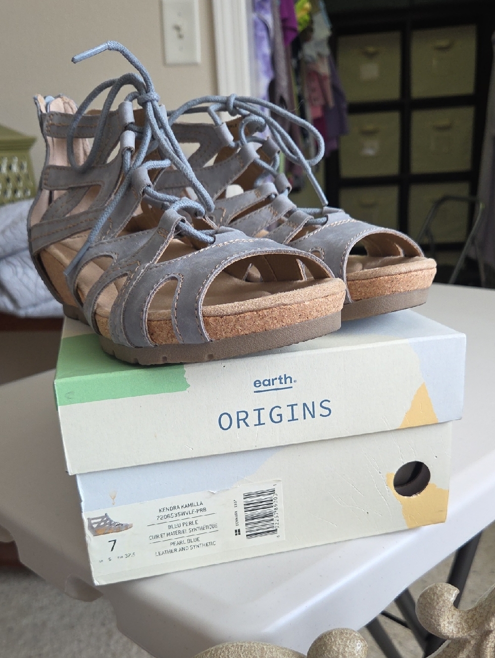 Earth Origins Kendra Kamilla Lace-Up Wedge Sandals in Pearl Blue